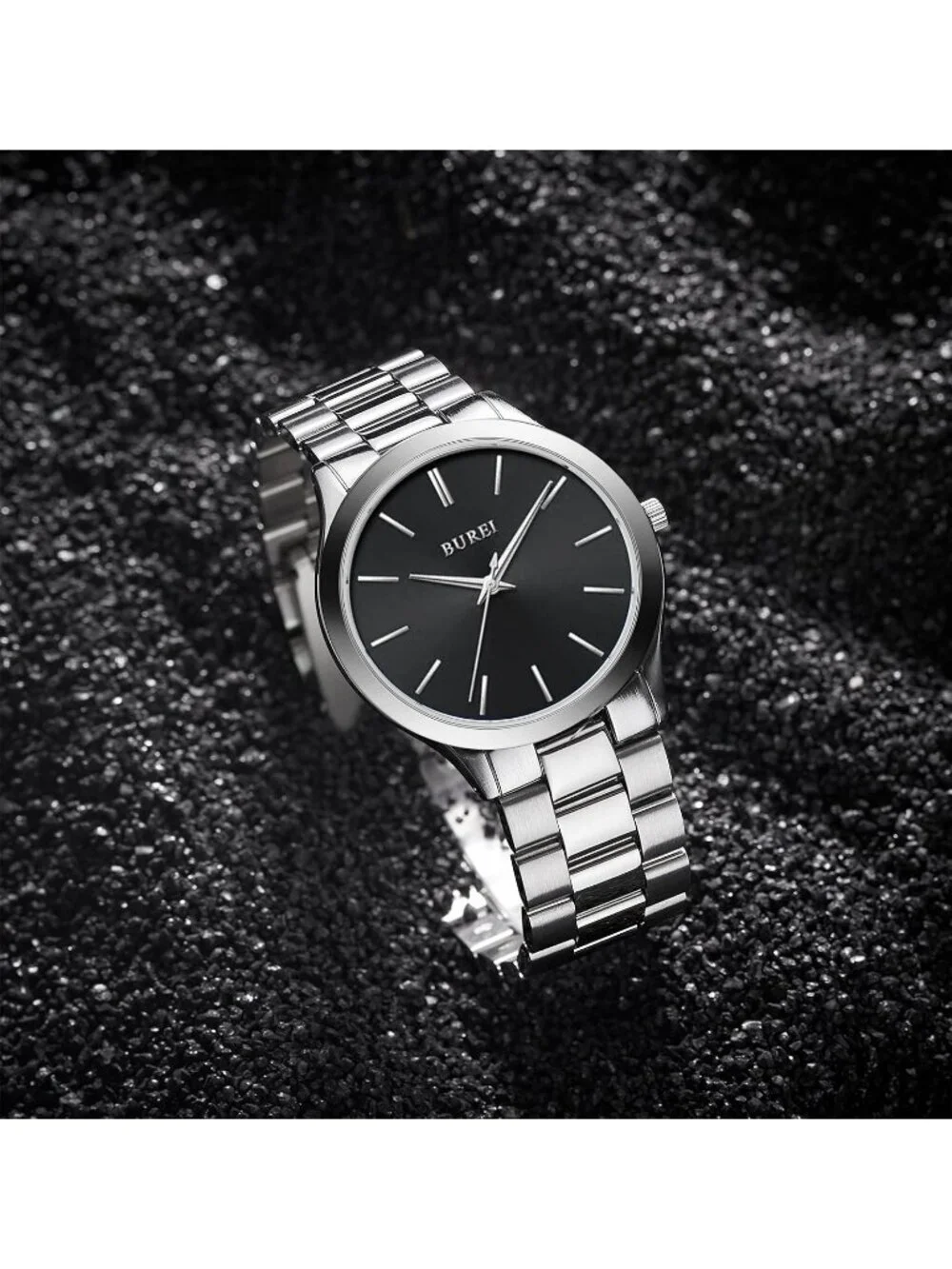 Men's Silver Black Analog Quartz Stainless Steel Waterproof Round Luxury Watch